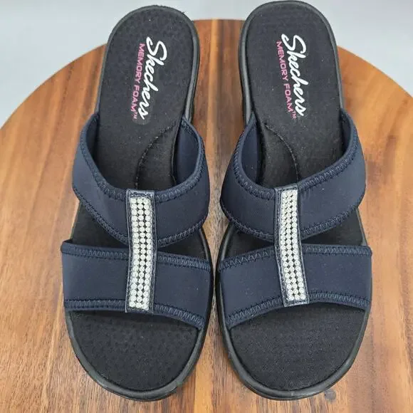 Skechers Sandals Womens 9 Black Dark Navy Rhinestones Rumblers Comfort Wedge - Picture 5 of 7